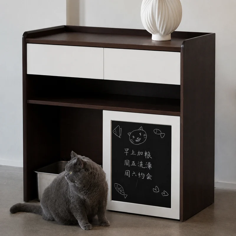 Contemporary Nordic Solid Wood & Plywood Cat Cabinet - Pet Feeding Station With Storage Drawers & Memo Board For Cats