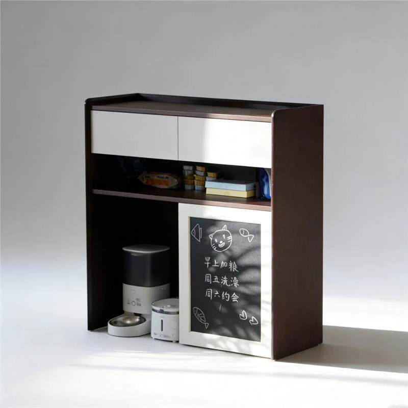Contemporary Nordic Solid Wood & Plywood Cat Cabinet - Pet Feeding Station With Storage Drawers & Memo Board For Cats