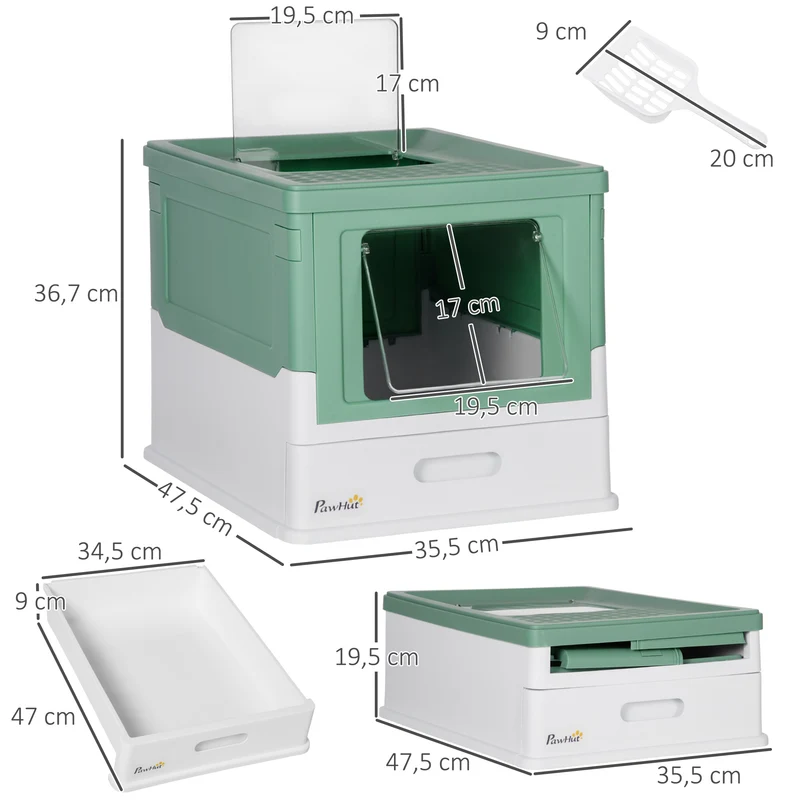 Lot de 2 bacs à litière pour chat pliables 47,5 x 35,5 x 36,7 cm tiroir coulissant et pelle moderne épuré en PP vert 21_0007818