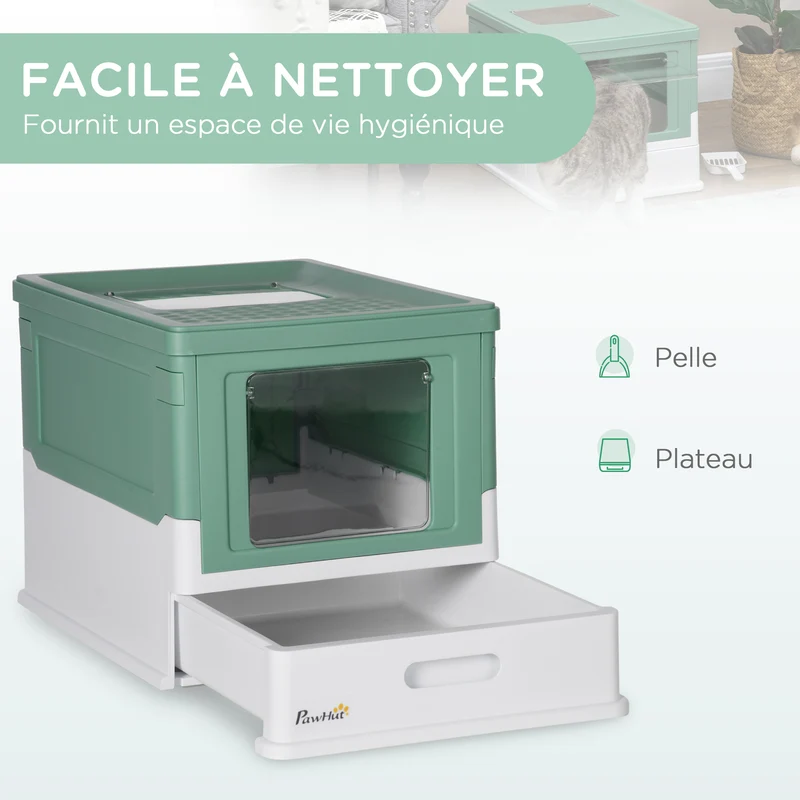 Lot de 2 bacs à litière pour chat pliables 47,5 x 35,5 x 36,7 cm tiroir coulissant et pelle moderne épuré en PP vert 21_0007818