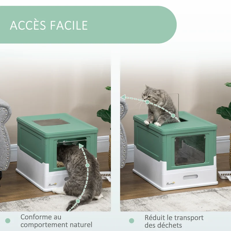Lot de 2 bacs à litière pour chat pliables 47,5 x 35,5 x 36,7 cm tiroir coulissant et pelle moderne épuré en PP vert 21_0007818
