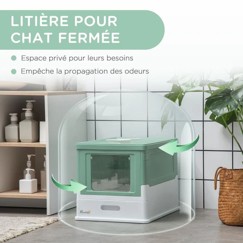 Lot de 2 bacs à litière pour chat pliables 47,5 x 35,5 x 36,7 cm tiroir coulissant et pelle moderne épuré en PP vert 21_0007818