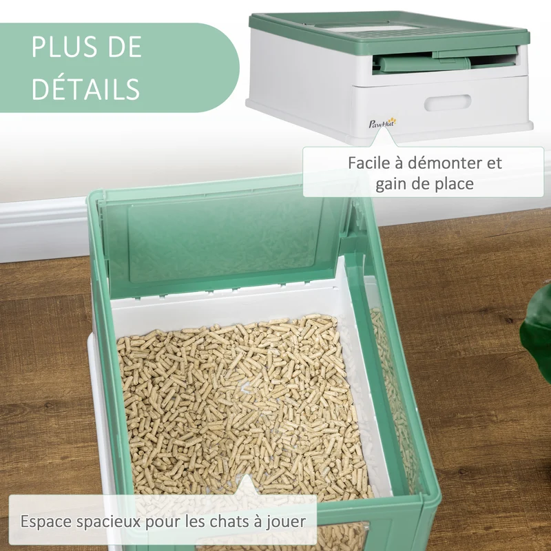 Lot de 2 bacs à litière pour chat pliables 47,5 x 35,5 x 36,7 cm tiroir coulissant et pelle moderne épuré en PP vert 21_0007818
