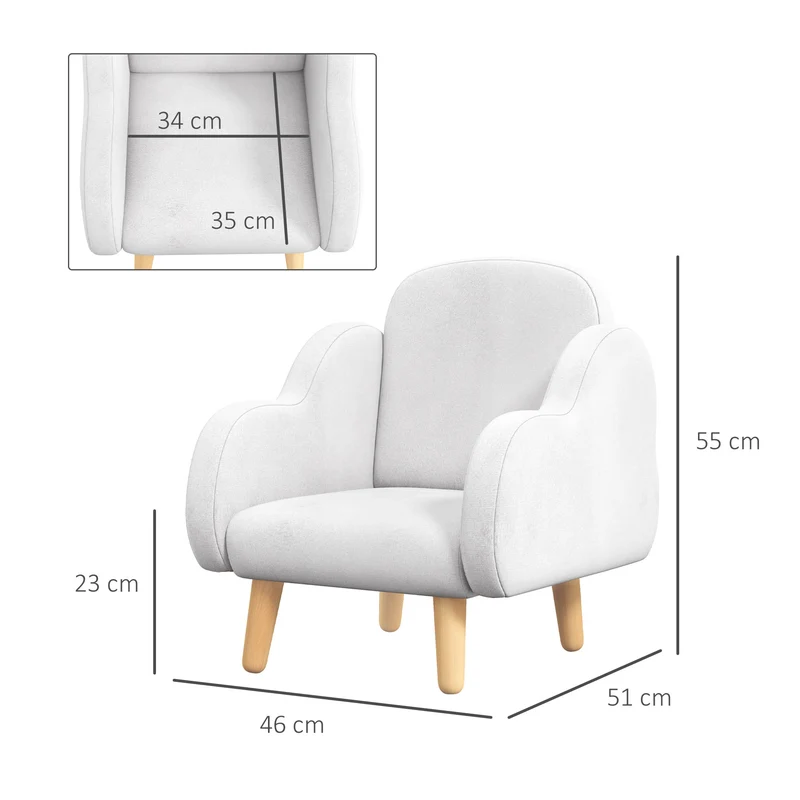 Fauteuil enfant nuage chambre et salle de jeux 46 x 51 x 55 cm assise rembourrée dossier haut scandinave en tissu blanc 21_0000131