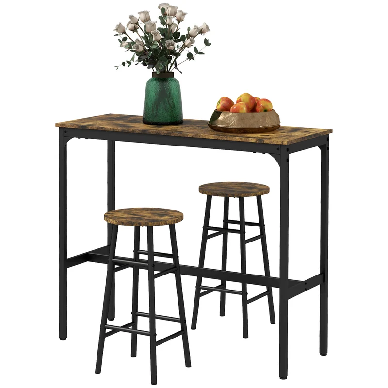 Ensemble table haute de bar 2 tabourets 105 x 40 x 90 cm gain de place tabourets rangeables rustique moderne en MDF brun 21_0003209
