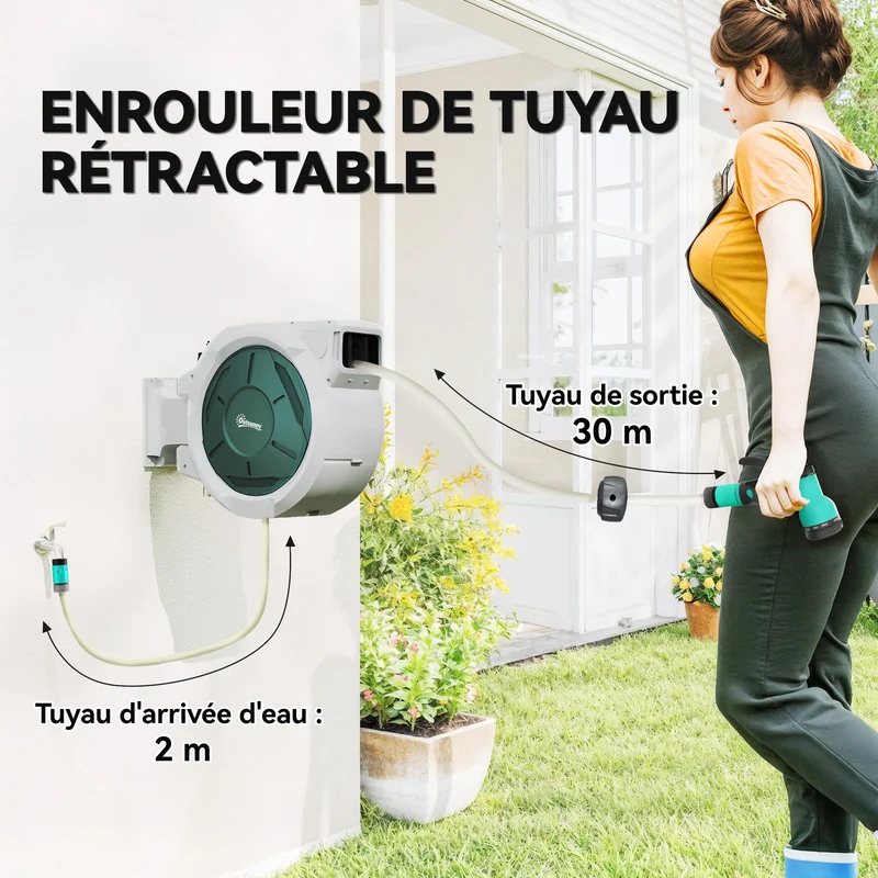 Enrouleur de tuyau d'arrosage mural 59 x 23 x 42 cm réenroulement automatique pivotant 180° contemporain épuré en PP gris 21_0005555