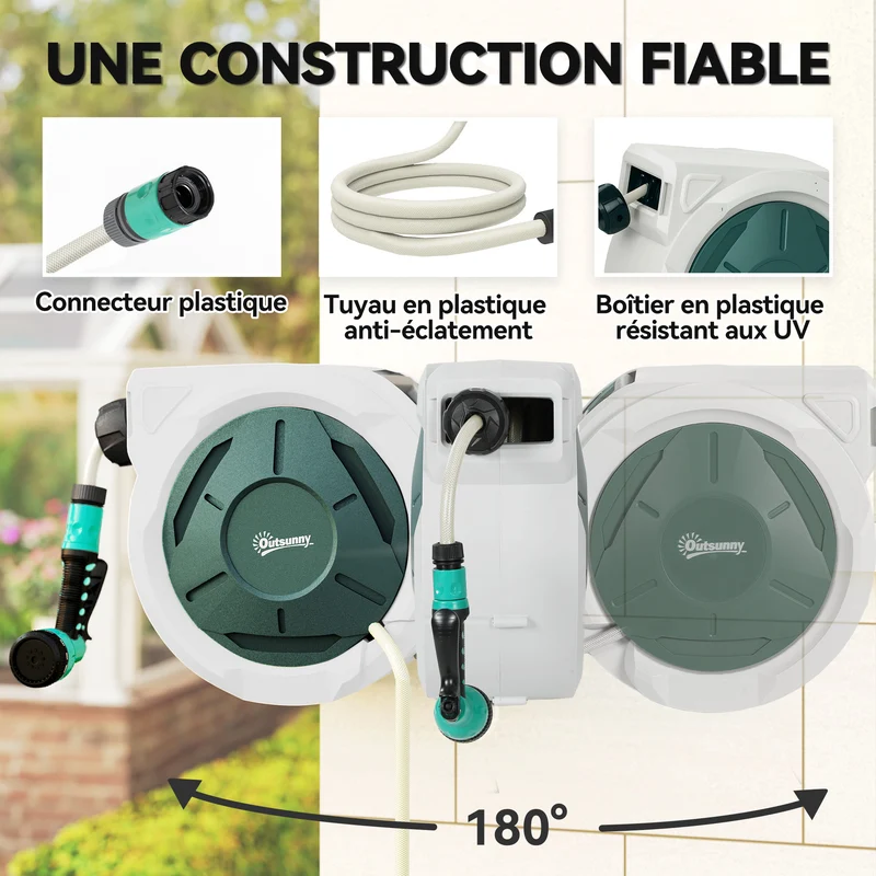 Enrouleur de tuyau d'arrosage mural 59 x 23 x 42 cm réenroulement automatique pivotant 180° contemporain épuré en PP gris 21_0005555