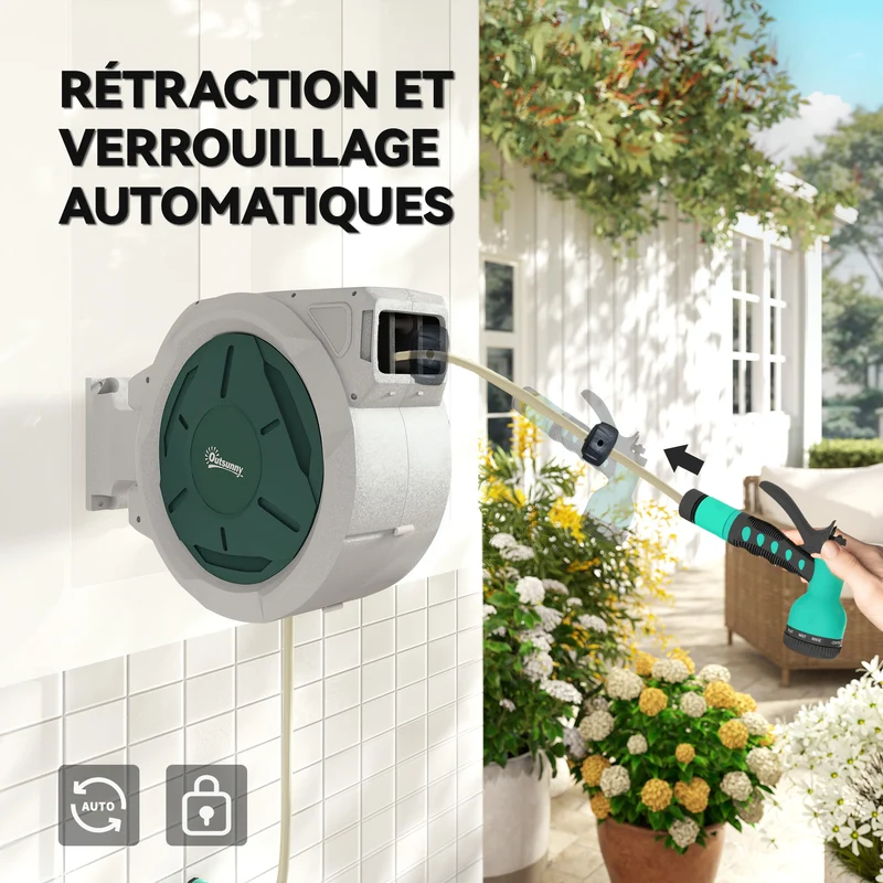 Enrouleur de tuyau d'arrosage mural 59 x 23 x 42 cm réenroulement automatique pivotant 180° contemporain épuré en PP gris 21_0005555