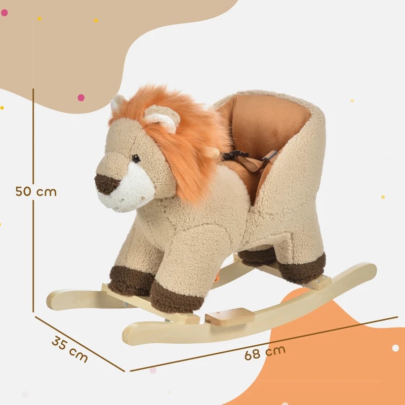 Cheval à bascule lion 68 x 35 x 50 cm selle grand confort musique décoratif classique chambre douillet en peluche marron 21_0000279