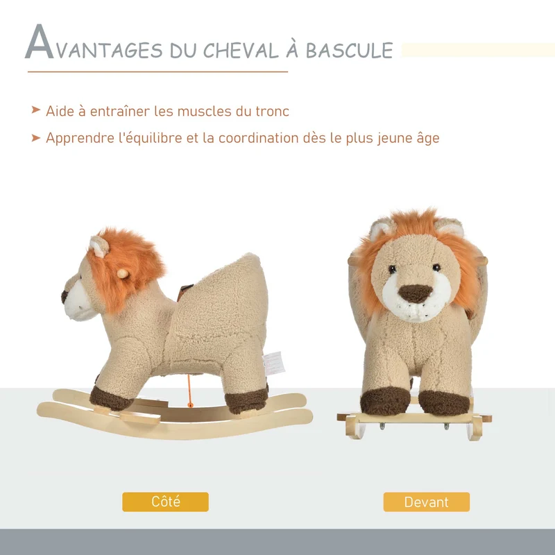 Cheval à bascule lion 68 x 35 x 50 cm selle grand confort musique décoratif classique chambre douillet en peluche marron 21_0000279