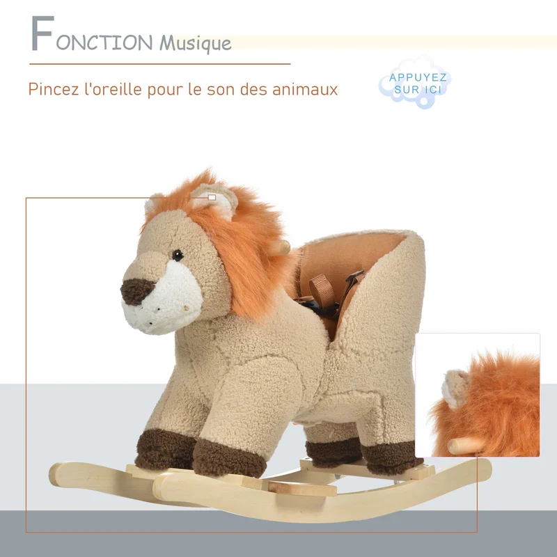 Cheval à bascule lion 68 x 35 x 50 cm selle grand confort musique décoratif classique chambre douillet en peluche marron 21_0000279