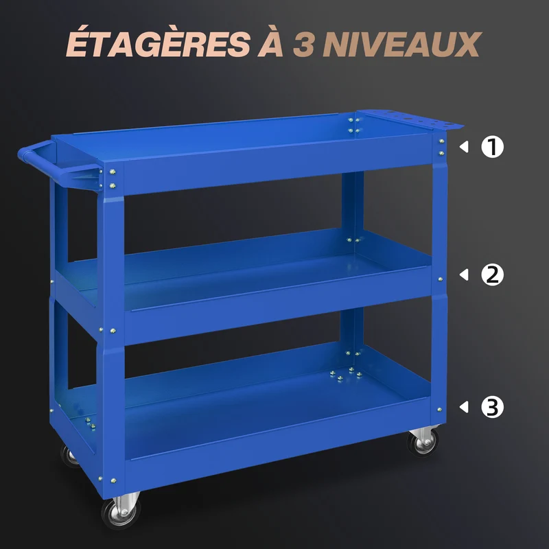 Chariot desserte atelier 83 x 35,3 x 76 cm 3 grands plateaux poignée latérale industriel contemporain en acier bleu 21_0006982