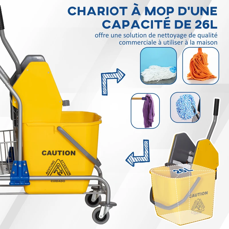Chariot de lavage professionnel presse à mâchoire 73 x 45 x 95 cm grande capacité 26 L pratique industriel en PP jaune 21_0000931