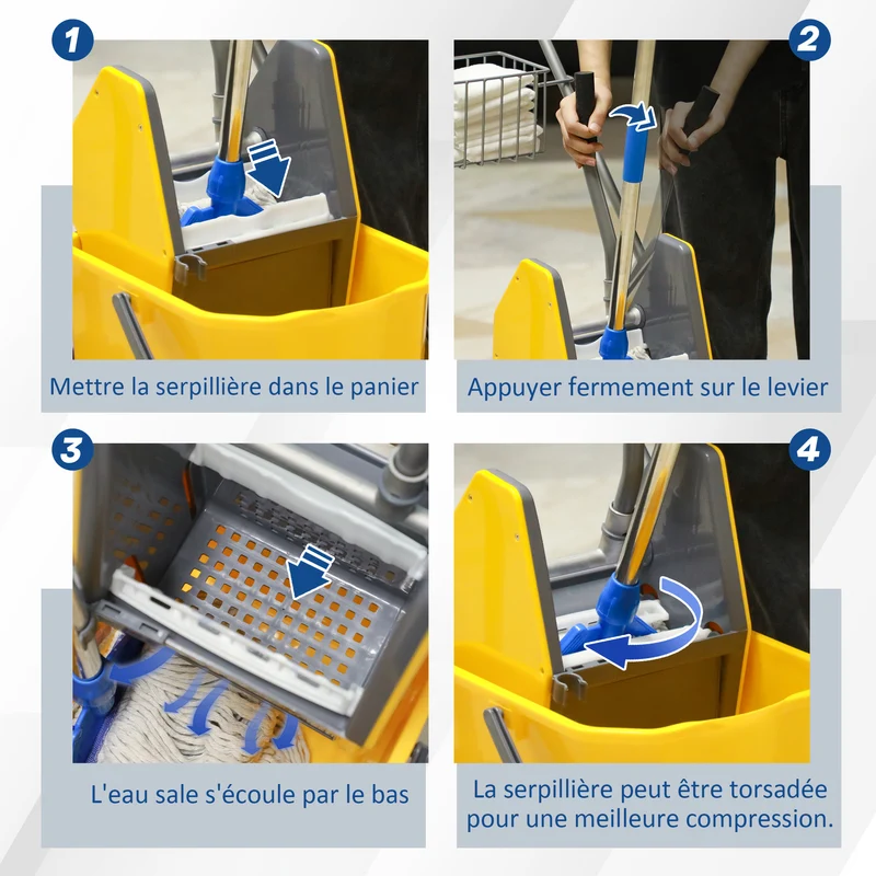 Chariot de lavage professionnel presse à mâchoire 73 x 45 x 95 cm grande capacité 26 L pratique industriel en PP jaune 21_0000931