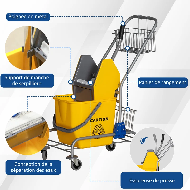 Chariot de lavage professionnel presse à mâchoire 73 x 45 x 95 cm grande capacité 26 L pratique industriel en PP jaune 21_0000931