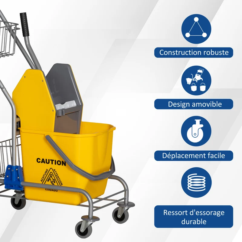 Chariot de lavage professionnel presse à mâchoire 73 x 45 x 95 cm grande capacité 26 L pratique industriel en PP jaune 21_0000931