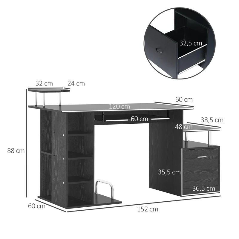Bureau informatique modulable 152 x 60 x 88 cm grand plateau de travail rangement optimisé design moderne en MDF noir 21_0006118