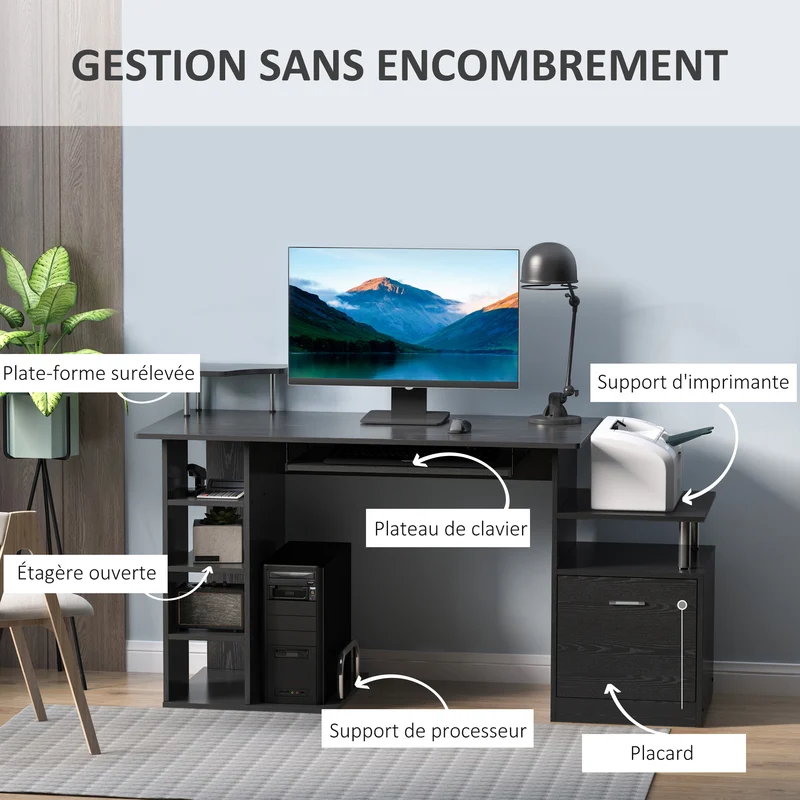 Bureau informatique modulable 152 x 60 x 88 cm grand plateau de travail rangement optimisé design moderne en MDF noir 21_0006118