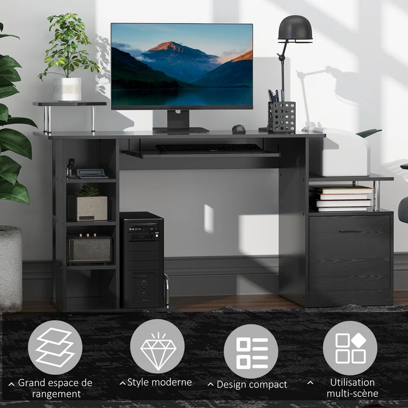 Bureau informatique modulable 152 x 60 x 88 cm grand plateau de travail rangement optimisé design moderne en MDF noir 21_0006118