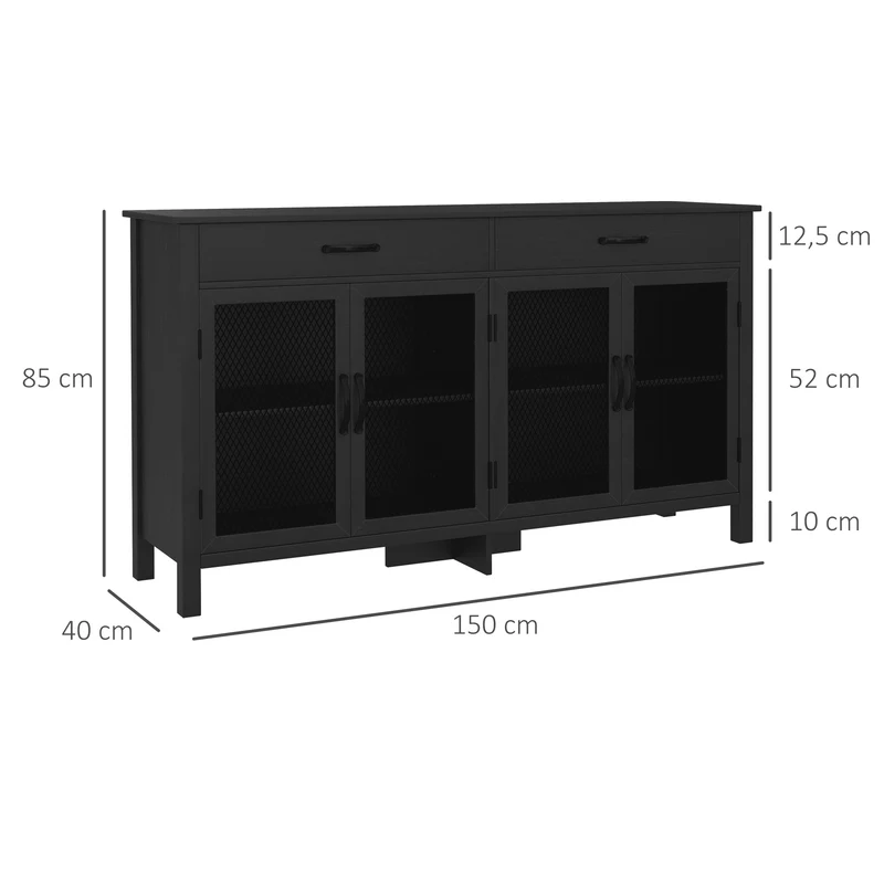 Buffet bas 150 x 40 x 85 cm deux tiroirs étagère réglable style industriel design salon salle à manger en mélamine noir 21_0002355