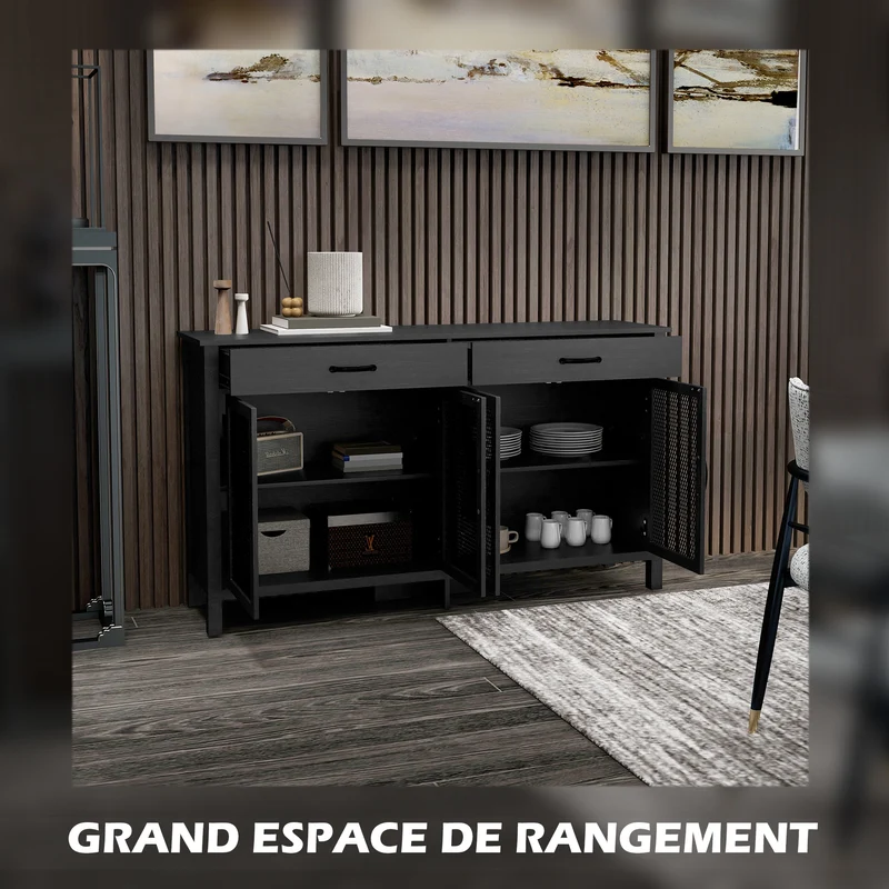 Buffet bas 150 x 40 x 85 cm deux tiroirs étagère réglable style industriel design salon salle à manger en mélamine noir 21_0002355