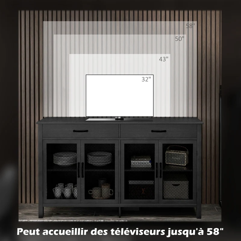 Buffet bas 150 x 40 x 85 cm deux tiroirs étagère réglable style industriel design salon salle à manger en mélamine noir 21_0002355
