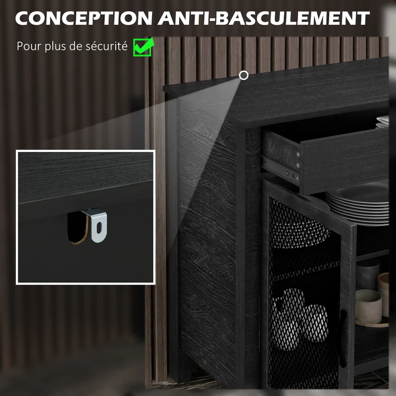 Buffet bas 150 x 40 x 85 cm deux tiroirs étagère réglable style industriel design salon salle à manger en mélamine noir 21_0002355