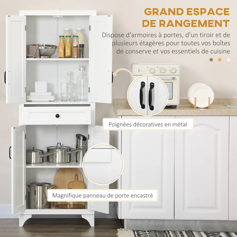 Buffet armoire de cuisine 60 x 38 x 170 cm rangement optimisé tiroir étagère réglable contemporain épuré en MDF blanc 21_0002356