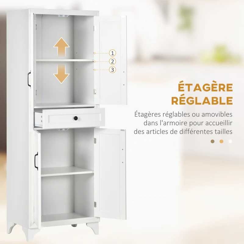 Buffet armoire de cuisine 60 x 38 x 170 cm rangement optimisé tiroir étagère réglable contemporain épuré en MDF blanc 21_0002356
