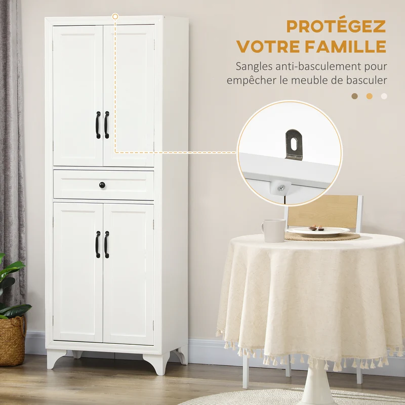 Buffet armoire de cuisine 60 x 38 x 170 cm rangement optimisé tiroir étagère réglable contemporain épuré en MDF blanc 21_0002356