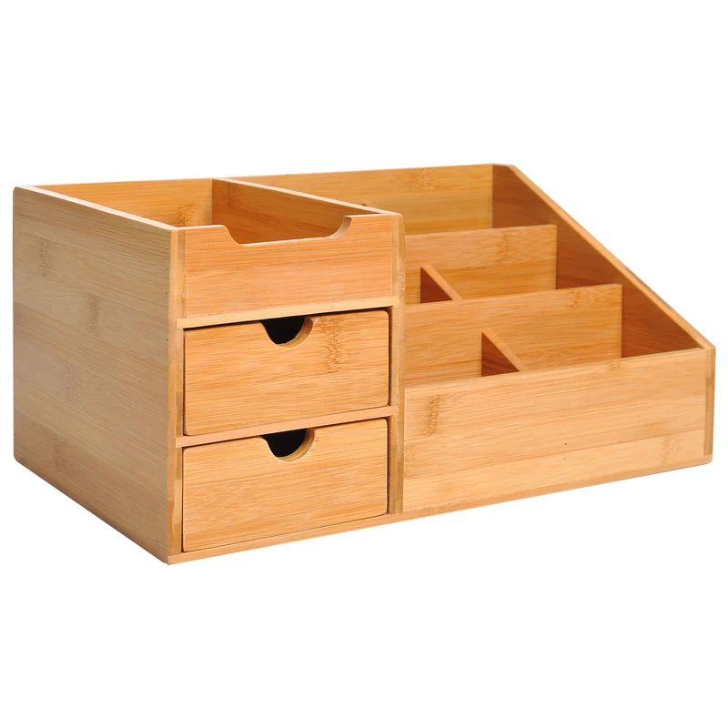 Boîte de rangement bureau 7 compartiments 2 tiroirs 33 x 20 x 15 cm gain de place design épuré compact en bambou naturel 21_0001732