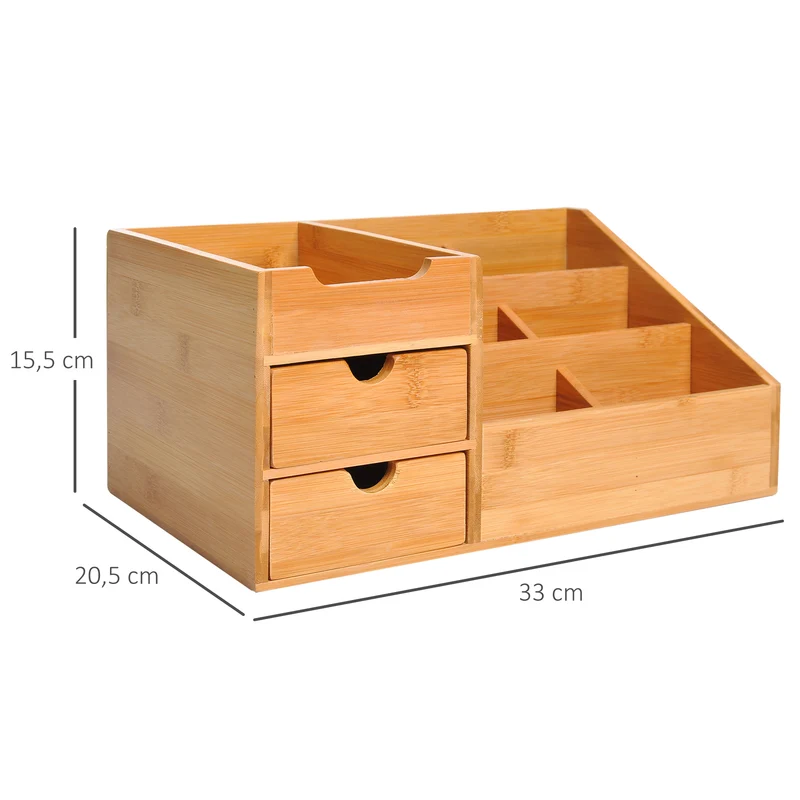 Boîte de rangement bureau 7 compartiments 2 tiroirs 33 x 20 x 15 cm gain de place design épuré compact en bambou naturel 21_0001732