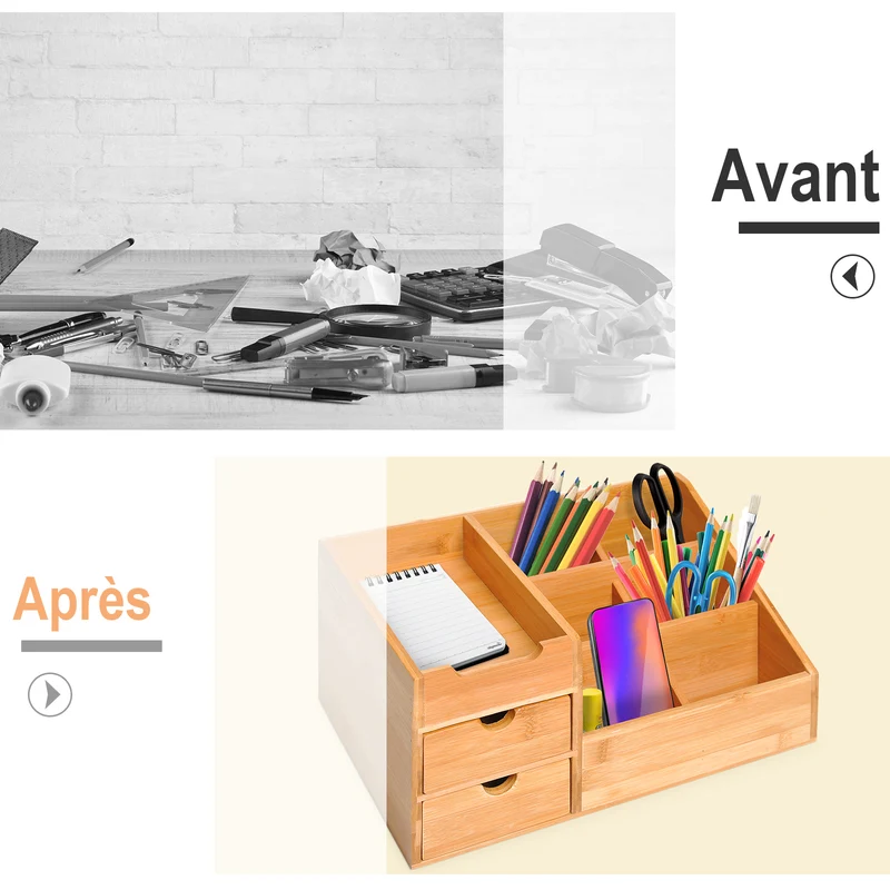 Boîte de rangement bureau 7 compartiments 2 tiroirs 33 x 20 x 15 cm gain de place design épuré compact en bambou naturel 21_0001732