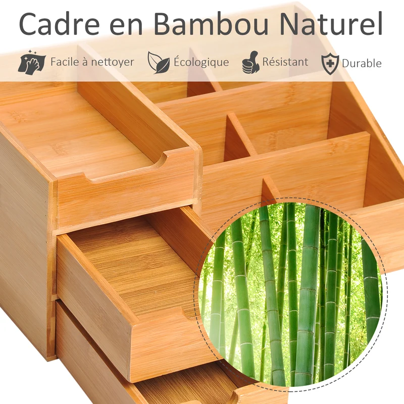 Boîte de rangement bureau 7 compartiments 2 tiroirs 33 x 20 x 15 cm gain de place design épuré compact en bambou naturel 21_0001732