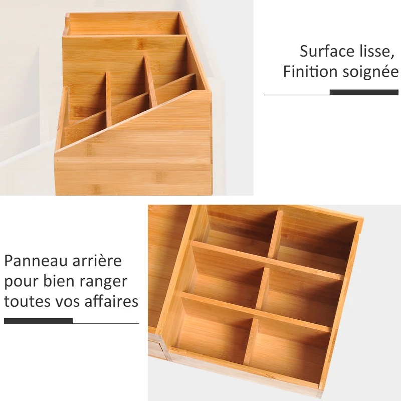 Boîte de rangement bureau 7 compartiments 2 tiroirs 33 x 20 x 15 cm gain de place design épuré compact en bambou naturel 21_0001732