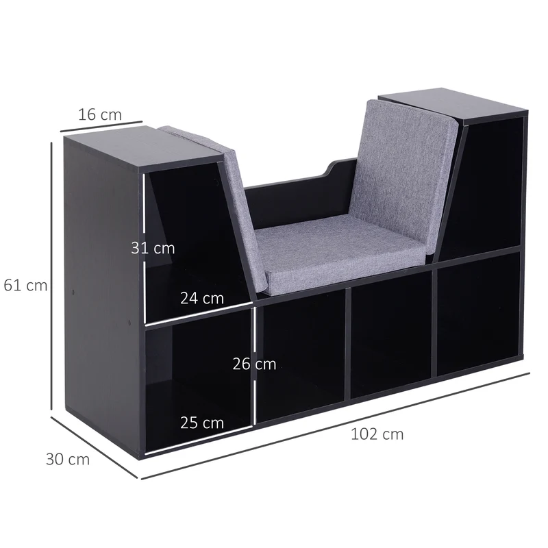 Bibliothèque banc 2 en 1 chambre 102 x 30 x 61 cm siège coussin amovible 6 casiers moderne en panneau de particules noir 21_0002415