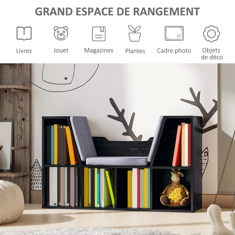 Bibliothèque banc 2 en 1 chambre 102 x 30 x 61 cm siège coussin amovible 6 casiers moderne en panneau de particules noir 21_0002415