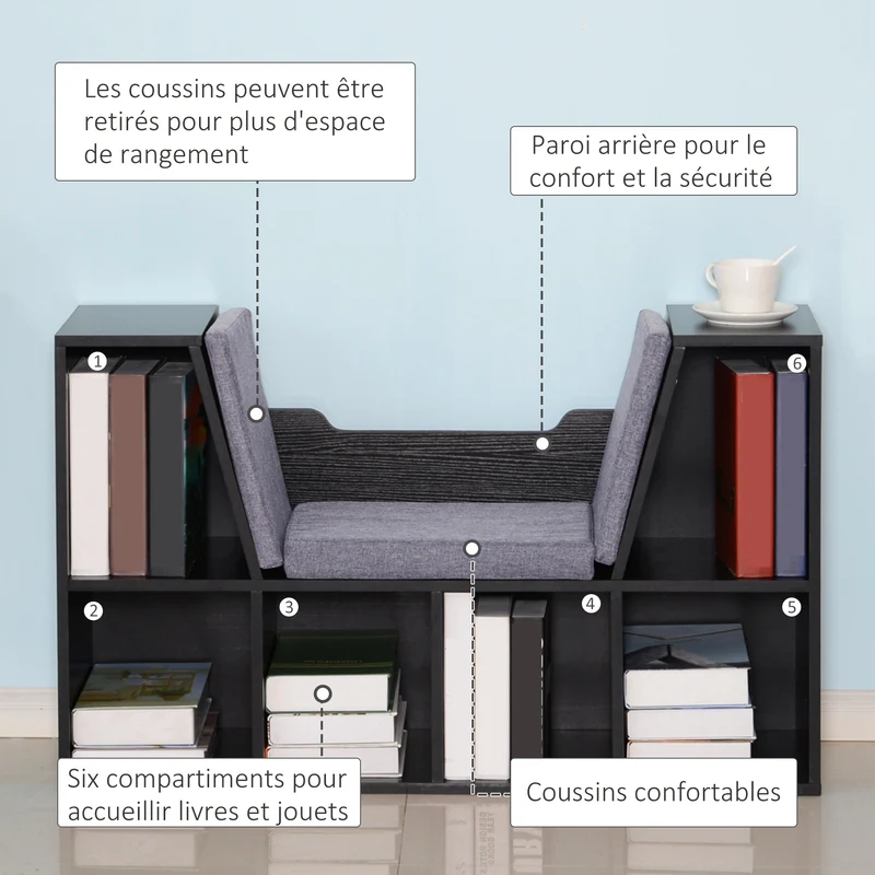 Bibliothèque banc 2 en 1 chambre 102 x 30 x 61 cm siège coussin amovible 6 casiers moderne en panneau de particules noir 21_0002415