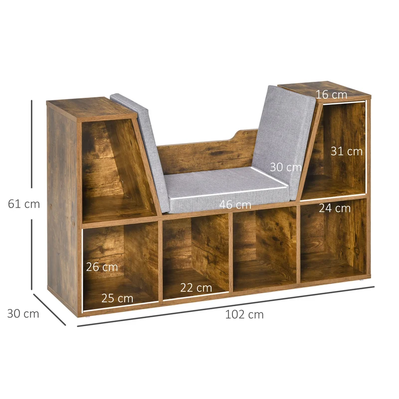 Bibliothèque banc 2 en 1 chambre 102 x 30 x 61 cm rangement 6 casiers assise scandinave en panneau de particules brun 21_0002416
