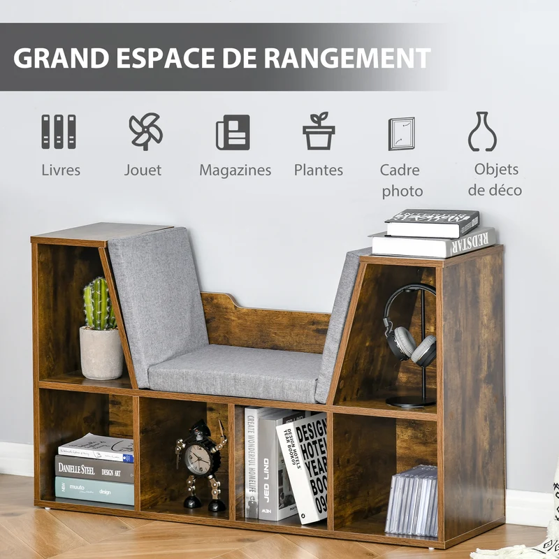 Bibliothèque banc 2 en 1 chambre 102 x 30 x 61 cm rangement 6 casiers assise scandinave en panneau de particules brun 21_0002416