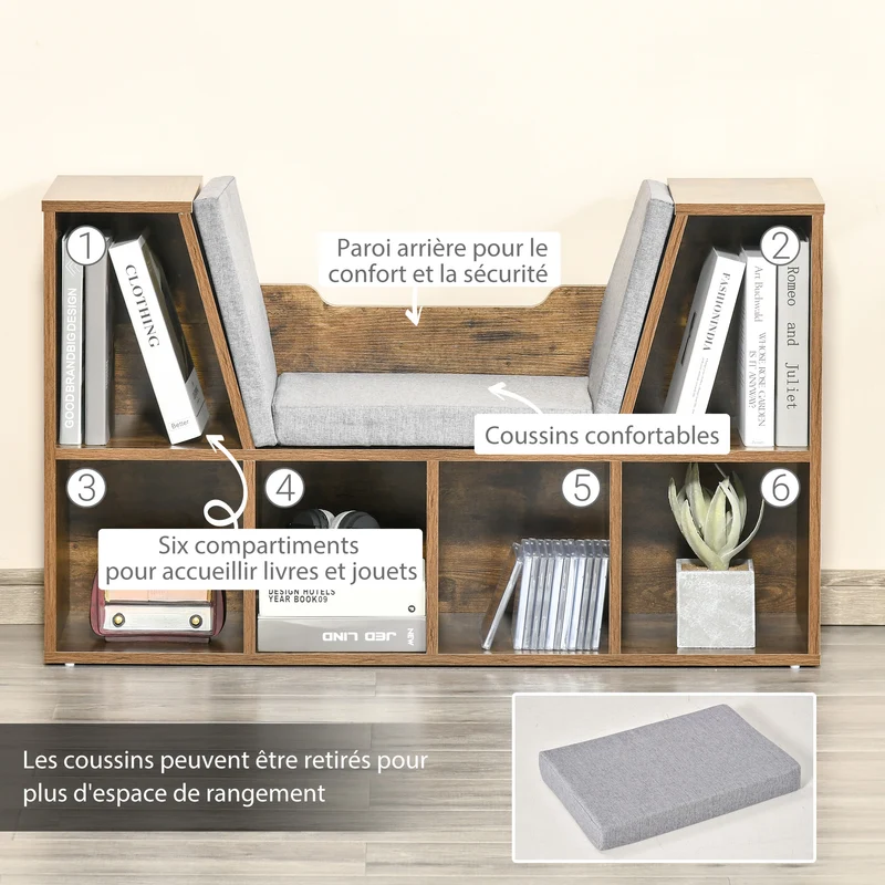 Bibliothèque banc 2 en 1 chambre 102 x 30 x 61 cm rangement 6 casiers assise scandinave en panneau de particules brun 21_0002416