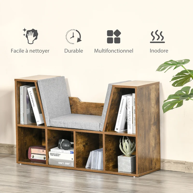 Bibliothèque banc 2 en 1 chambre 102 x 30 x 61 cm rangement 6 casiers assise scandinave en panneau de particules brun 21_0002416