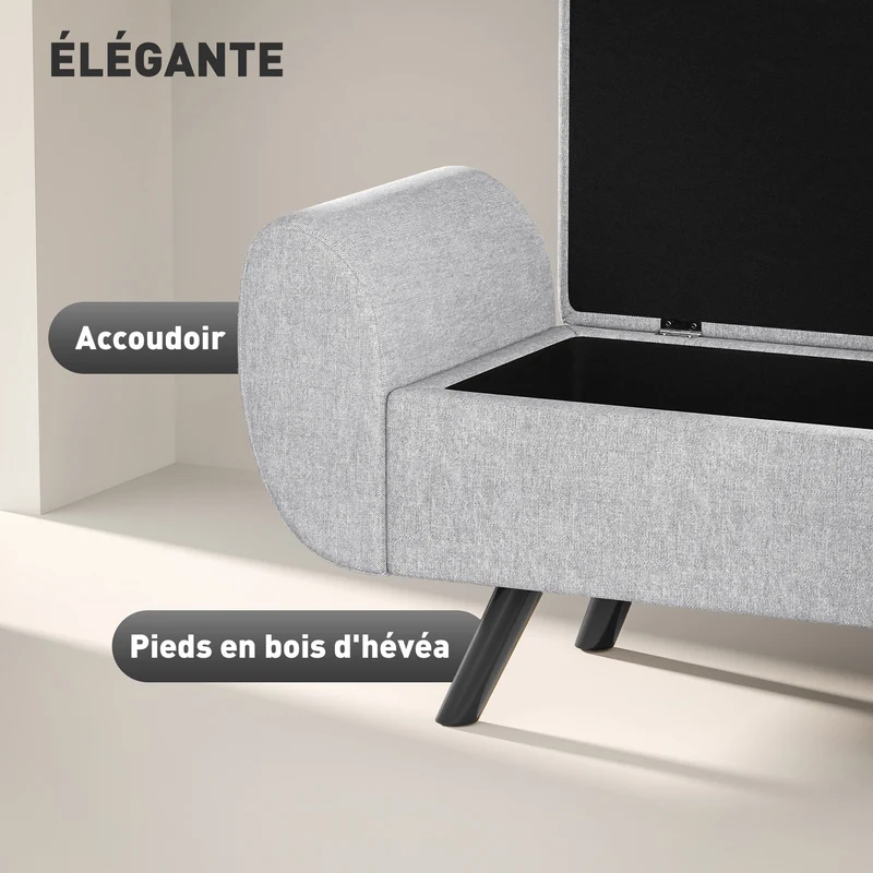Banc coffre salon chambre 132 x 42 x 50 cm 53,8 litres assise rembourrée scandinave moderne en polyester gris clair 21_0002964