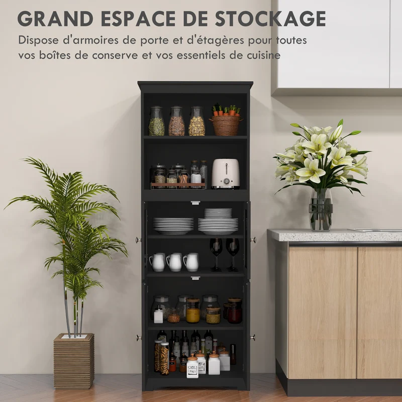 Armoire de cuisine vitrine 60 x 30 x 162 cm grand rangement modulable étagères réglables contemporain épuré en MDF noir 21_0002247