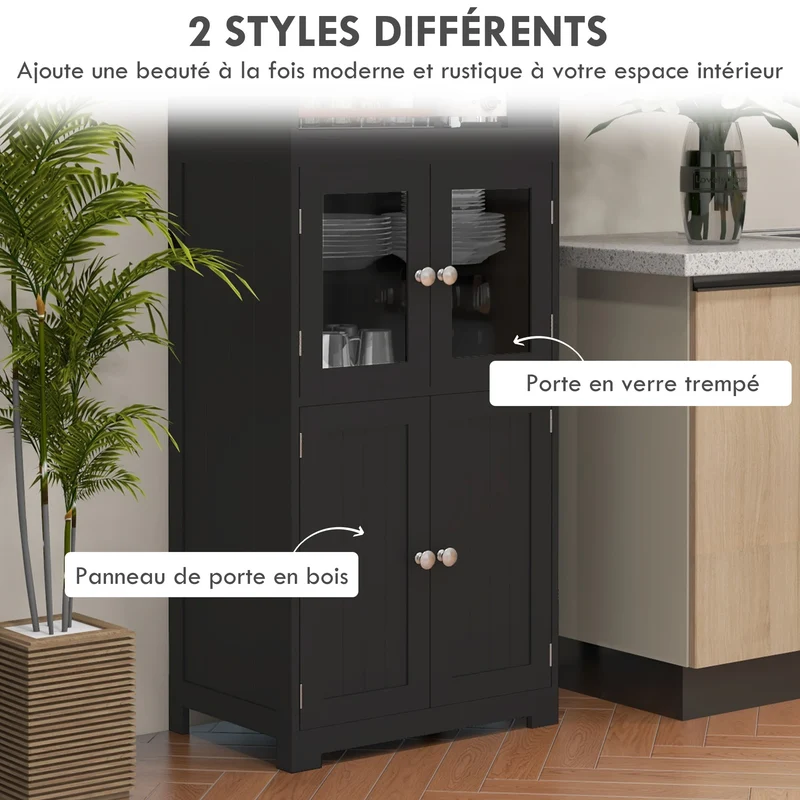 Armoire de cuisine vitrine 60 x 30 x 162 cm grand rangement modulable étagères réglables contemporain épuré en MDF noir 21_0002247