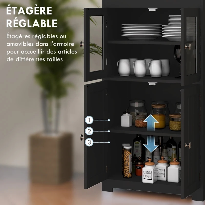 Armoire de cuisine vitrine 60 x 30 x 162 cm grand rangement modulable étagères réglables contemporain épuré en MDF noir 21_0002247