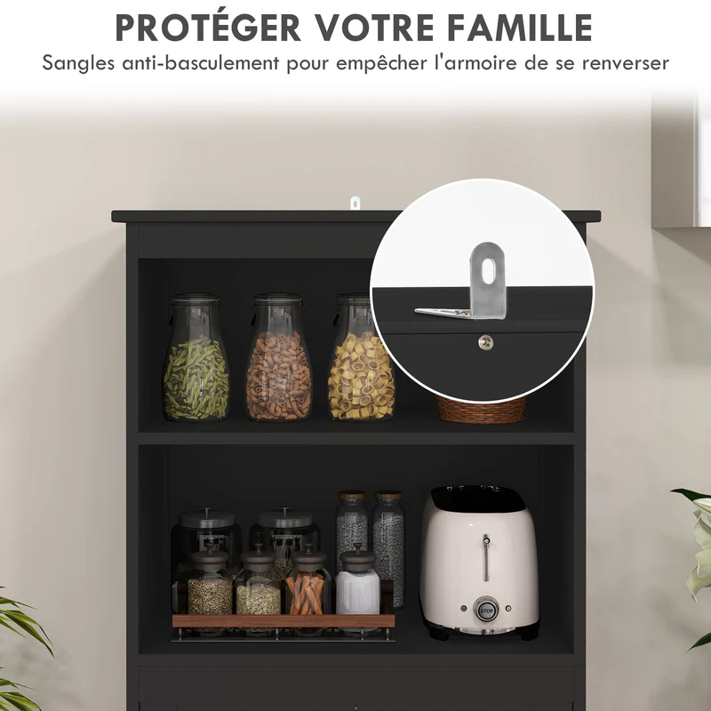 Armoire de cuisine vitrine 60 x 30 x 162 cm grand rangement modulable étagères réglables contemporain épuré en MDF noir 21_0002247