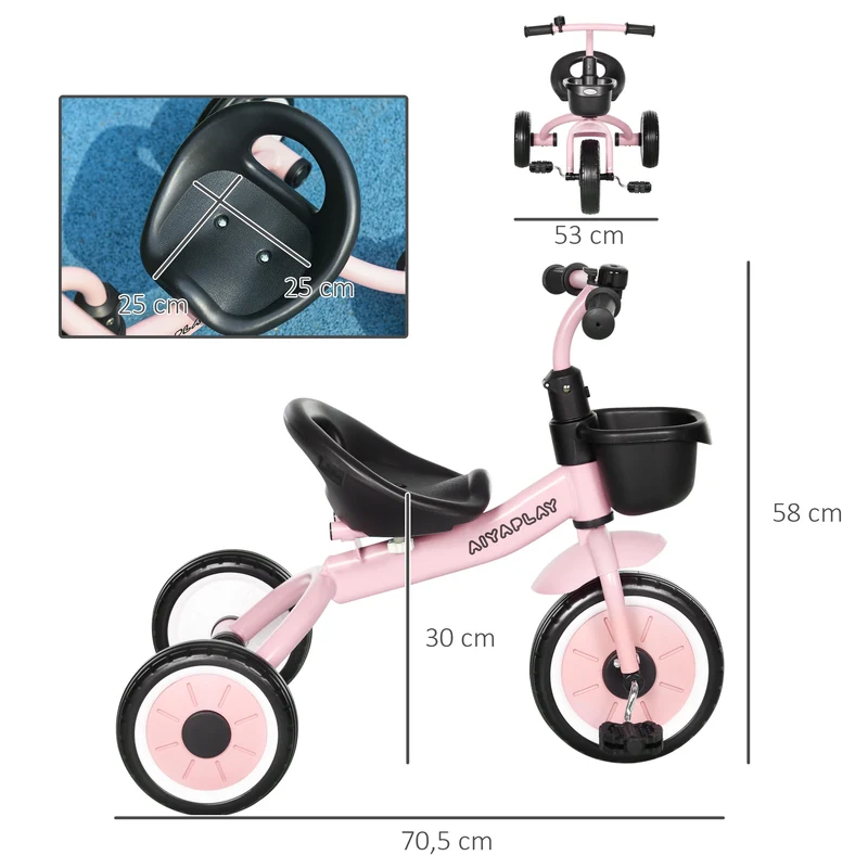 Tricycle enfant pour 2 à 5 ans 70,5 x 53 x 58 cm selle réglable avec dossier pédales antidérapantes moderne en métal rose 21_0000534