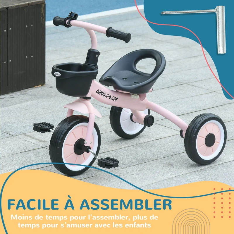 Tricycle enfant pour 2 à 5 ans 70,5 x 53 x 58 cm selle réglable avec dossier pédales antidérapantes moderne en métal rose 21_0000534