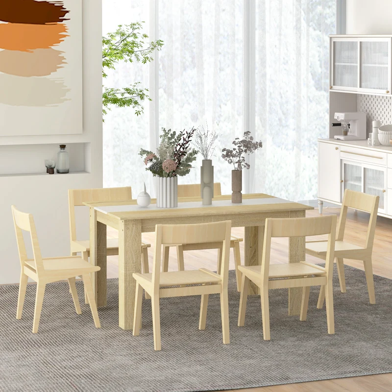 Table de salle à manger 140 x 89.5 x 75 cm pour 6 personnes patins antidérapants élégante style scandinave en MDF naturel 21_0003239